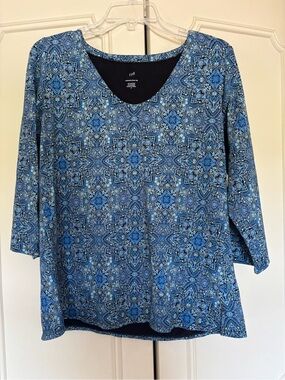 J. Jill Blue Printed V-Neck Long Sleeve Top